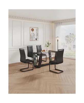 Simplie Fun Black Table & Chair Set: Tempered Glass Table, 4 Leather Chairs