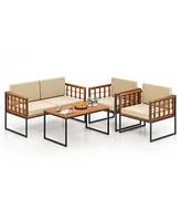 Costway 4 Pcs Acacia Wood Outdoor Sofa Set with Heavy Duty Metal Frame Soft Seat