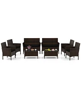 Costway 8 Pcs Patio Furniture Set with Washable Cushions and Tempered Glass Coffee Table