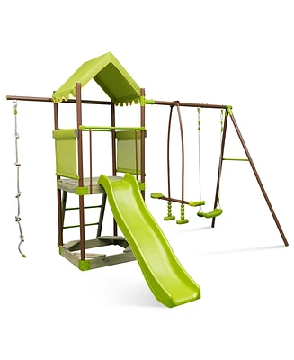 Costway 7-in-1 Swing Set with Covered Fort Height Adjustable Swing Climbing Rope Sandbox