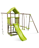 Costway 7-in-1 Swing Set with Covered Fort Height Adjustable Swing Climbing Rope Sandbox