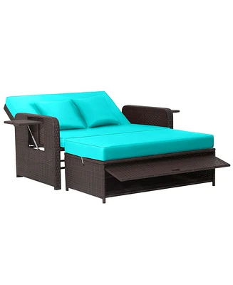 Costway Patio Rattan Loveseat Set Daybed Lounge Storage Ottoman Side Tables Adjust