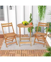 Costway 3 Pcs Folding Patio Bistro Set Solid Acacia Wood Table & Chairs Slatted Tabletop