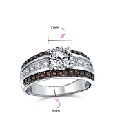 Bling Jewelry 3CTW Cz Two Tone Chocolate Brown Color Clear Round Solitaire Promise Ring 3 Row Wide Pave Band Silver Plated