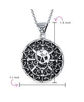 Bling Jewelry Round Coin Heavy Large Medallion Caribbean Aztec Pirates Skull Pendant Necklace Oxidized Sterling Silver