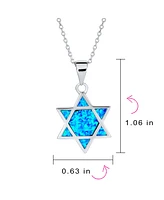 Bling Jewelry Hanukkah Magen Judaic Blue Created Synthetic Opal Inlay Star Of David Pendant Necklace For Bat Mitzvah For Women Sterling Silver