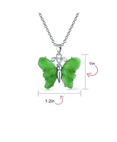 Bling Jewelry Handcrafted Carved Green Natural Jade Garden Butterfly Pendant Necklace For Women Sterling Silver With Chain