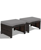 Gymax Set of 2 Rattan Ottoman Footrest Footstool Patio Furniture w/ White Cushion