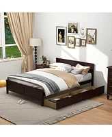 Full Bed Frame with Storage Drawers and Solid Wood Headboard