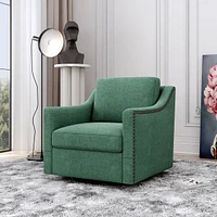 Swivel Armchair in Cotton Linen with Brass Accents
