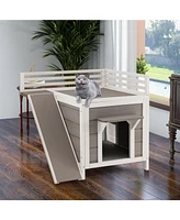 Slickblue Outdoor Wooden Feral Cat House with Balcony and Slide-Gray