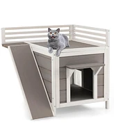 Slickblue Outdoor Wooden Feral Cat House with Balcony and Slide-Gray