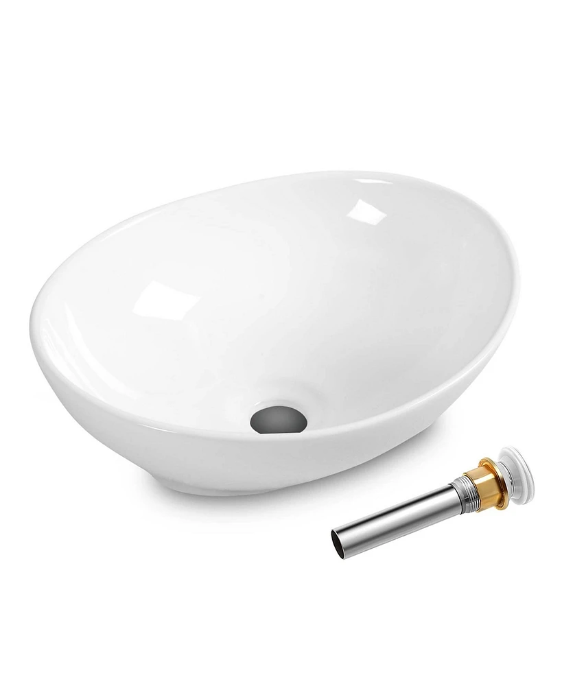 Costway Oval Bathroom Basin Ceramic Vessel Sink Bowl Vanity Porcelain w/ Pop Up Drain