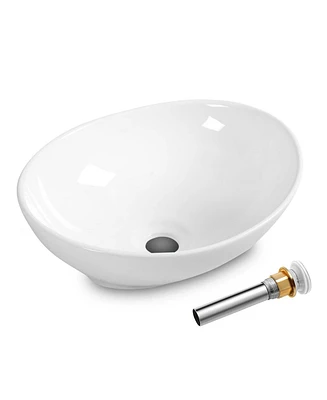 Costway Oval Bathroom Basin Ceramic Vessel Sink Bowl Vanity Porcelain w/ Pop Up Drain