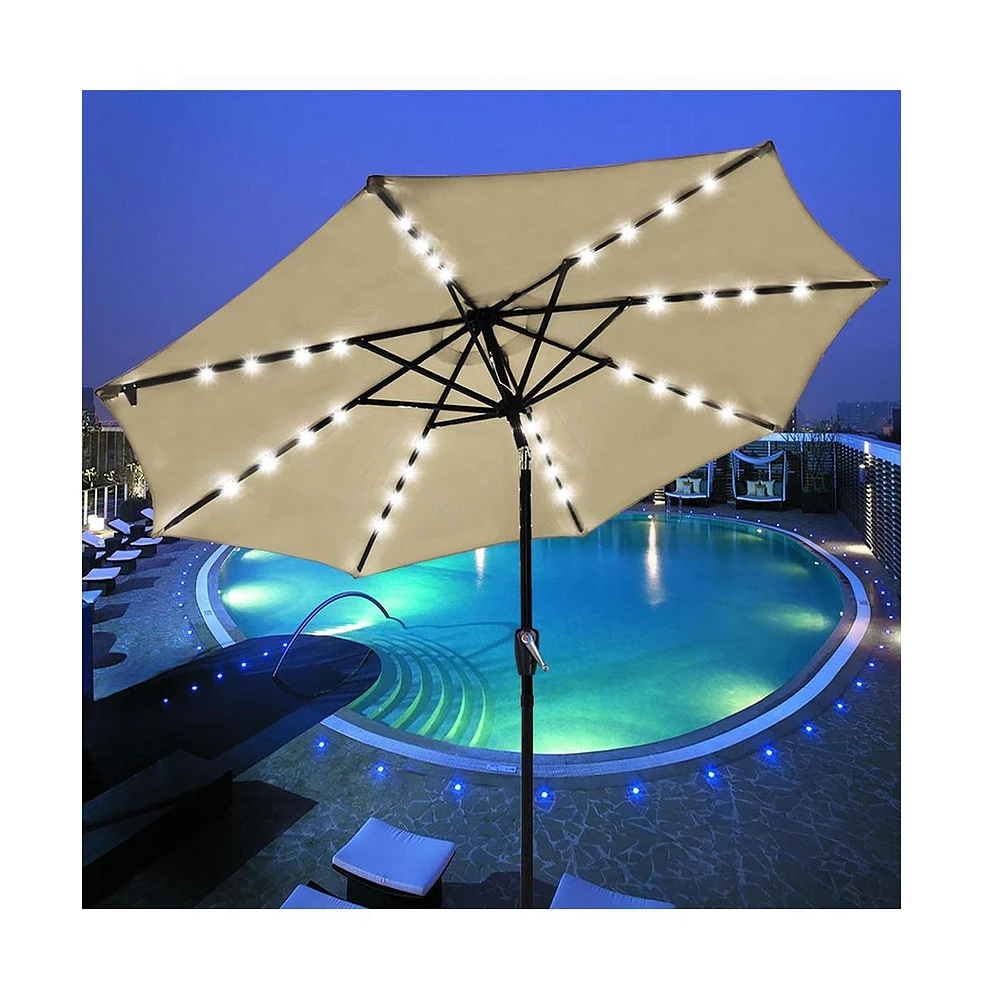 Yescom 2Pcs 9' Aluminum Solar Patio Umbrella With 32 LEDs 8 Ribs Crank Tilt Outdoor Beach Cafe Garden