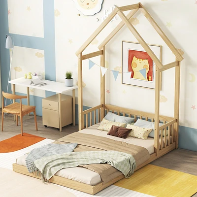 Simplie Fun Full Roof-Framed Headboard Floor Bed With Headboard Guardrails, Without Slats, Natural