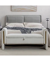 Ivory Velvet Storage Bench with Gold Trim Strip