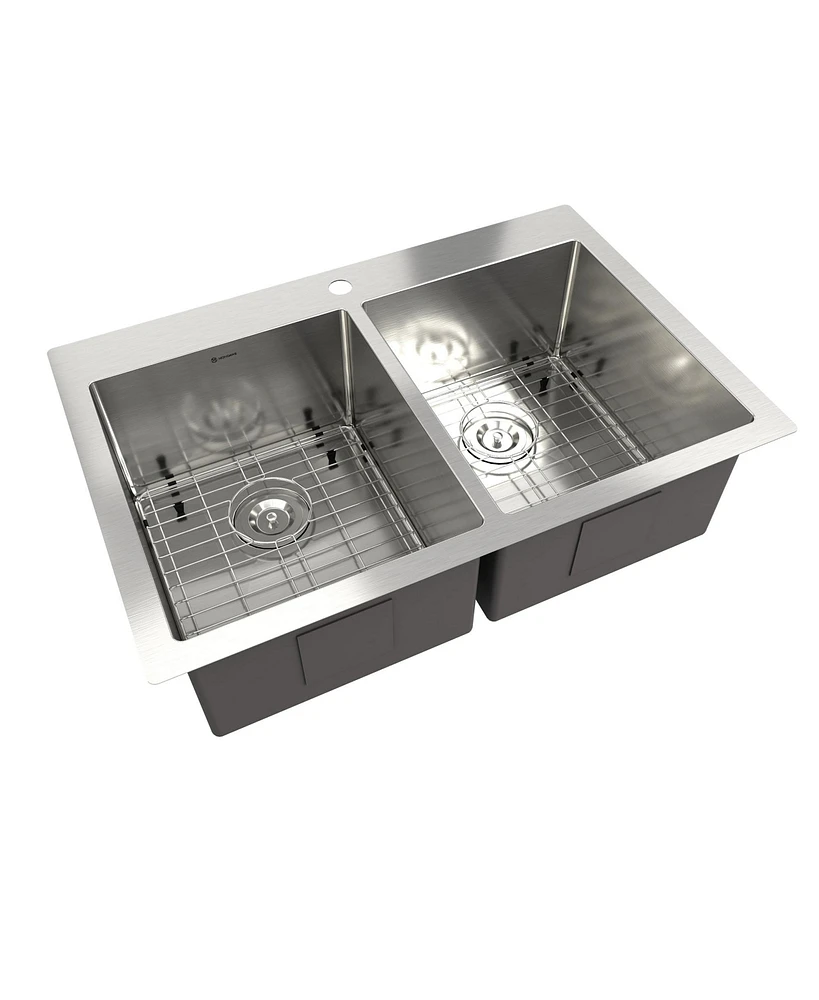 Mondawe Drop-In 33-in x 22-in Brushed Stainless Steel Double Bowl Kitchen Sink with Accessories