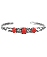 American West Jewelry Sterling Silver Genuine Coral 3 Stone Cuff Bracelet Small - Large