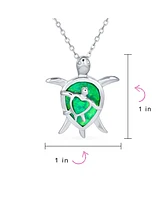 Bling Jewelry Nautical Beach Vacation Synthetic Opal Inlay Green Heart Mother Mom Baby Sea Turtle Pendant Necklace Sterling Silver