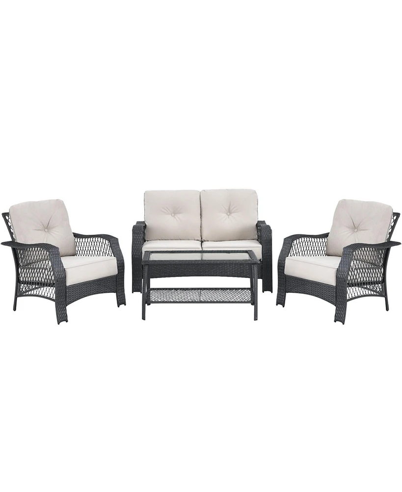 Sugift 4 Pieces Patio Wicker Furniture Conversation Sets with Coffee Table and Cushions