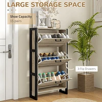 Industrial Shoe Cabinet with 3 Flip Drawers, Freestanding Storage for 15 Pairs, Walnut