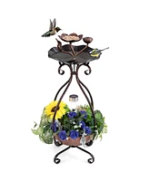 Slickblue Solar Outdoor Bird Bath Feeder Combo with Flower Planter Pedestal and Solar Lights