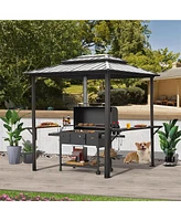 Mondawe Grill Gazebo 8× 6ft Aluminum Bbq Outdoor Metal Frame with Shelves Serving Tables, Permanent Double Roof Hard top Gazebos for Patio