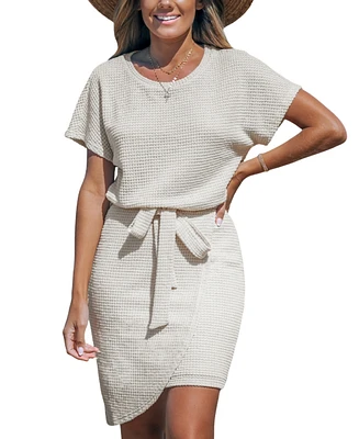 Cupshe Women's Beige Round Neck Short Sleeve Asymmetrical Hem Mini Beach Dress