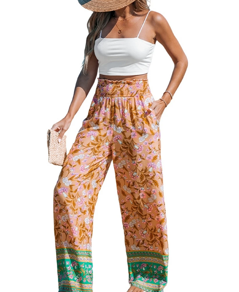 Cupshe Women's Orange Floral Smocked Waist Straight Leg Pants