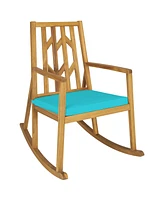 Gymax Outdoor Acacia Wood Rocking Chair Wooden Patio Rocker w/ Turquoise Cushion