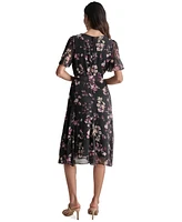 Dkny Women's Floral Flutter-Sleeve Belted Dress