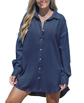 Cupshe Women's Navy Collared Front Button Cover-Up