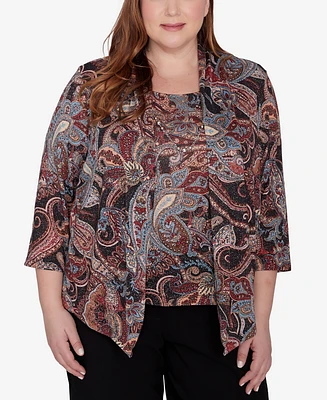 Alfred Dunner Plus Classic Metallic Paisley Two One Top With Necklace