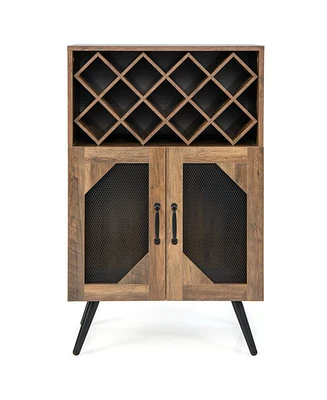 Sugift 2-Door Farmhouse Kitchen Storage Bar Cabinet with Wine Rack and Glass Holder