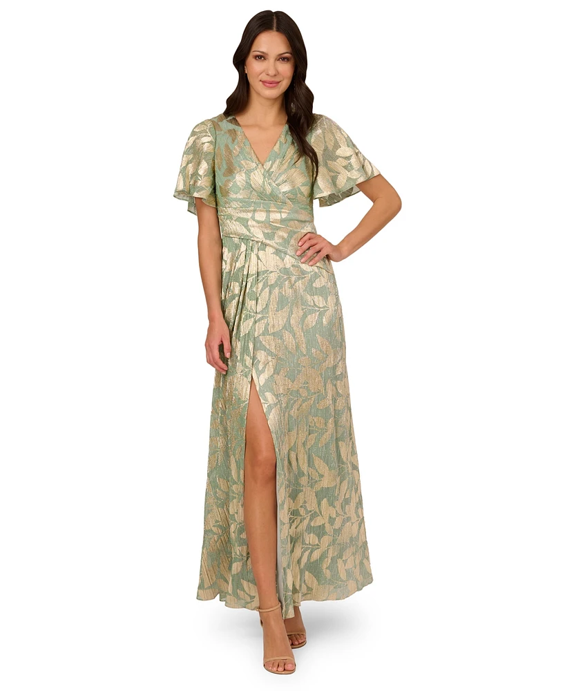 Adrianna Papell Women's Foil Leaf Flutter-Sleeve Draped Gown