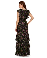 Adrianna Papell Women's Printed Flutter-Sleeve Tiered Gown