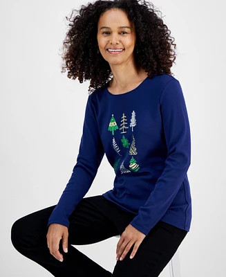 Holiday Lane Women's Festive Tree Long-Sleeve Top, Created for Macy's