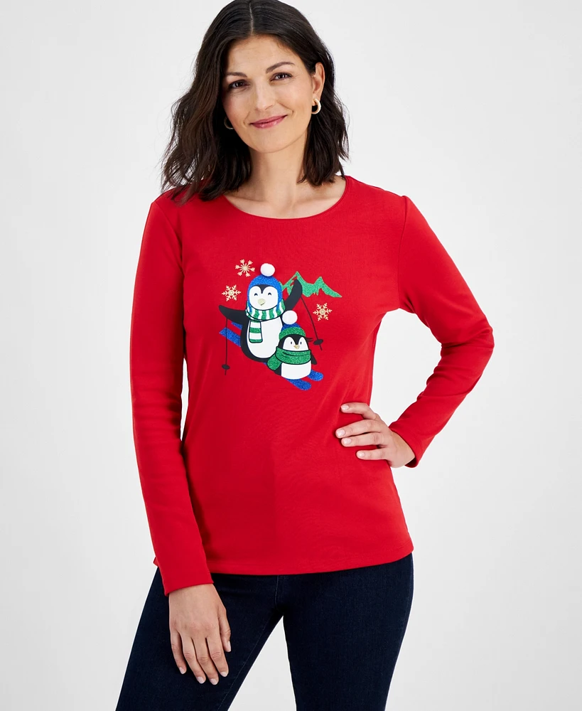 Holiday Lane Petite Penguin Play Long-Sleeve Tee, Created for Macy's