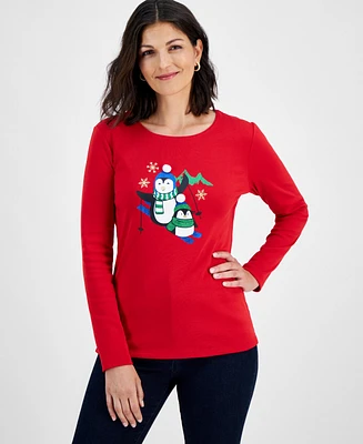 Holiday Lane Petite Penguin Play Long-Sleeve Tee, Created for Macy's