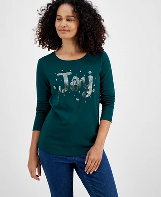 Holiday Lane Women's Joy Shine Long-Sleeve Top, Created for Macy's