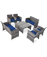 Costway 8PCS Patio Rattan Furniture Set Conversation Glass Table Top Cushioned Sofa