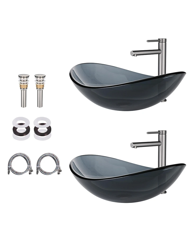 Aquaterior Oval Tempered Glass Vessel Sink w/ Bathroom Faucet Drain Set of 2