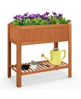 Slickblue Outdoor Raised Garden Bed Fir Wood Planter Box with Bottom Storage Shelf and Protective Liner-Brown