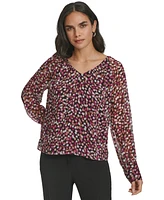 Calvin Klein Women's Long-Sleeve Printed V-Neck Blouse