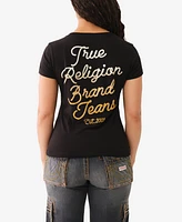 True Religion Women's Short Sleeve Ombre Crystal V-Neck Tee