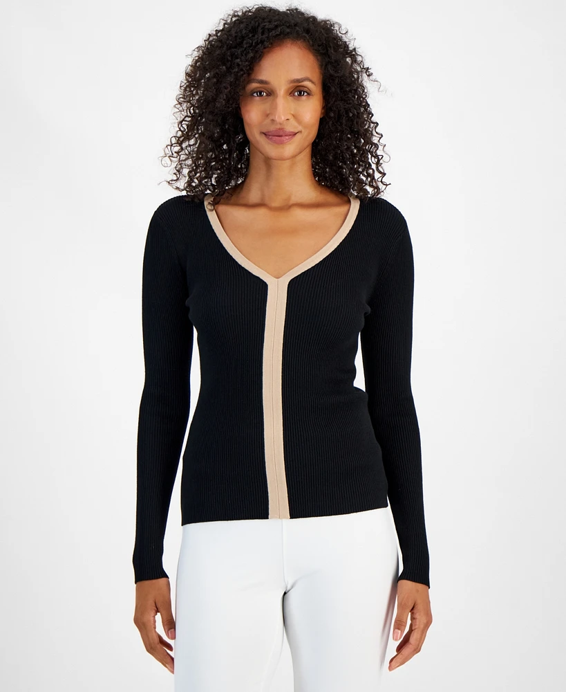 T Tahari Women's Contrast-Trim Ribbed Long-Sleeve Top