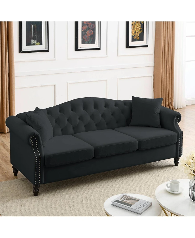 Simplie Fun Black Velvet Chesterfield Sofa, 3-Seater with Tufted Couch & Pillows