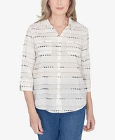 Alfred Dunner Classic Biadere Button Down Top with Front Pockets