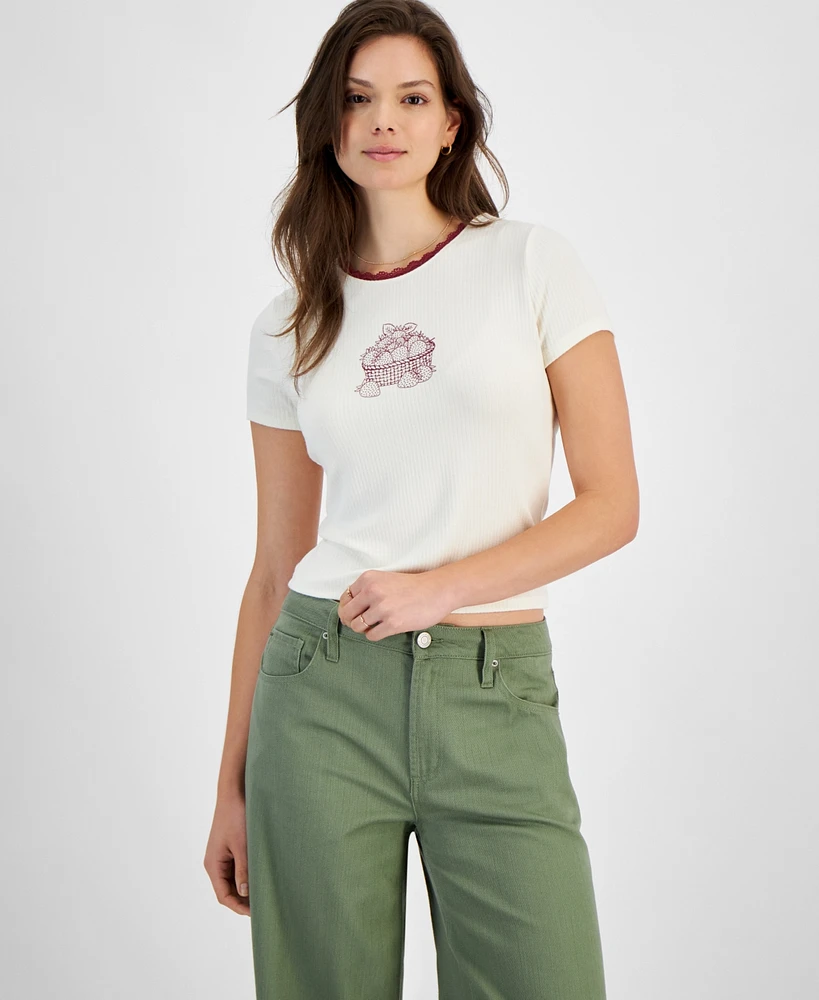 Rebellious One Juniors' Lace-Trim Graphic Tee